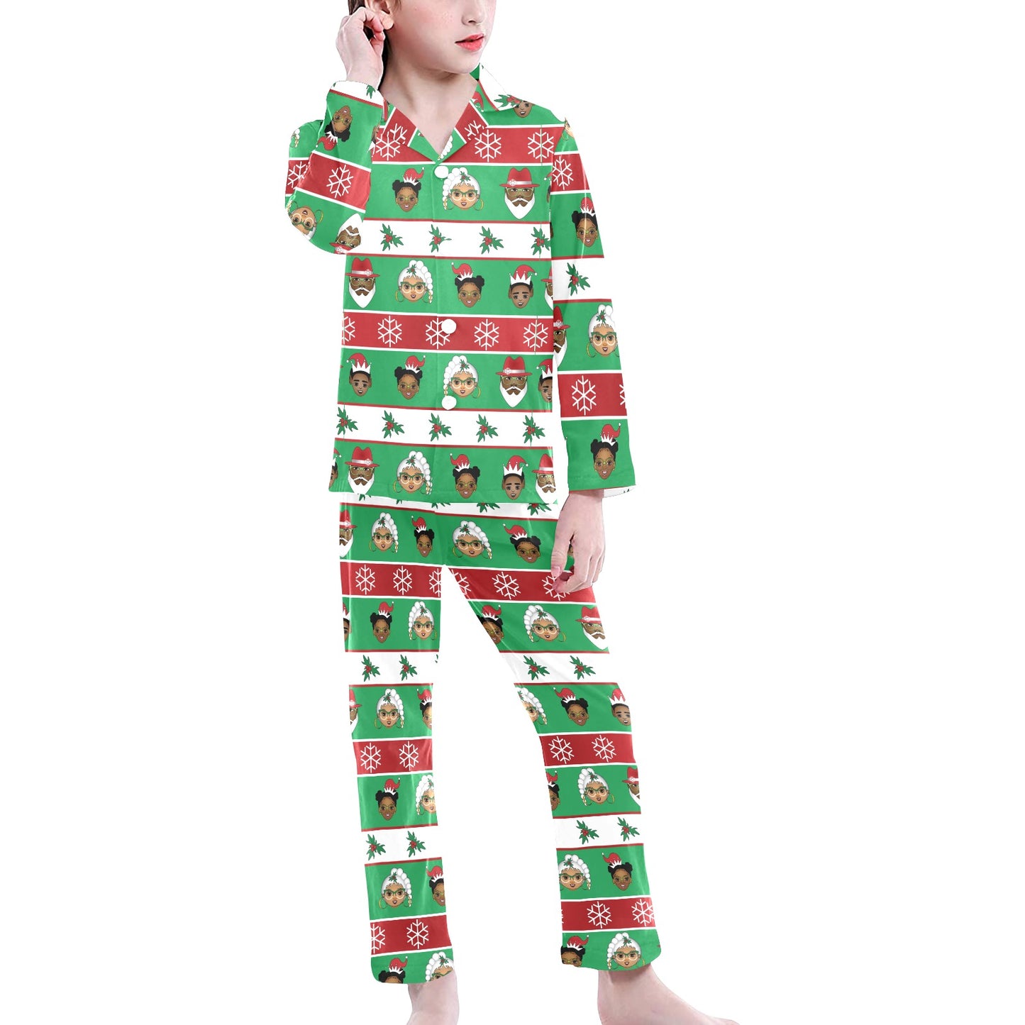 Christmas Classic Button Up PJ Set (Big Girl) Big Girls' V-Neck Long Pajama Set (Model Sets 02)