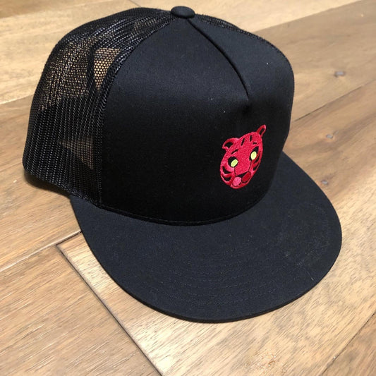 Fuchsia embroidered tiger on black adjustable SnapBack baseball cap
