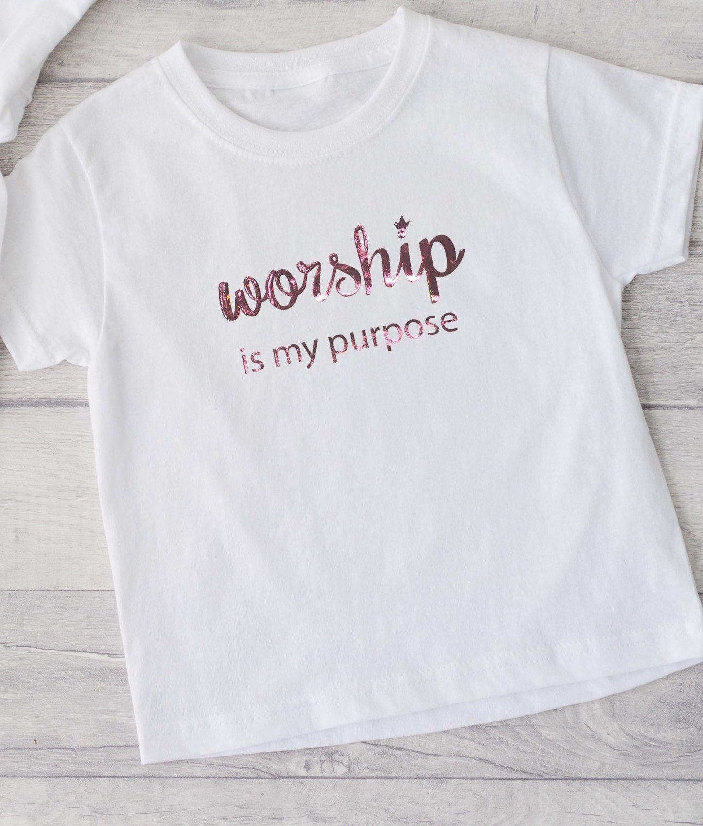 Kid’s white t shirt with rose foil writing and multicolor holographic shadow - worship is my purpose