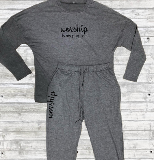Lounge sets for women, sweatsuits set, two piece outfit, long sleeve, pant, workout, athletic, worship, Christian print, inspirational
